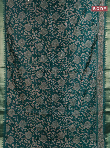 Semi tussar saree teal green with allover prints & kantha stitch work and zari woven border