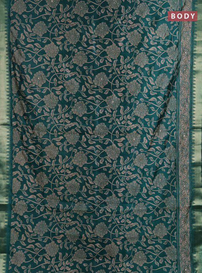 Semi tussar saree teal green with allover prints & kantha stitch work and zari woven border
