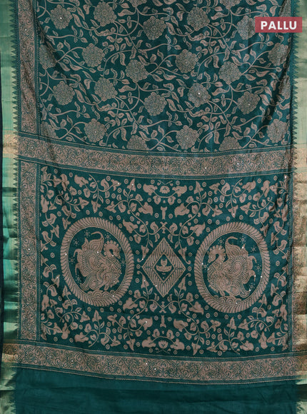 Semi tussar saree teal green with allover prints & kantha stitch work and zari woven border