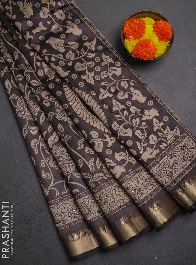 Semi tussar saree greyish brown with allover prints & kantha stitch work and zari woven border
