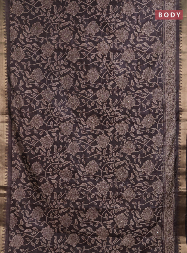 Semi tussar saree greyish brown with allover prints & kantha stitch work and zari woven border