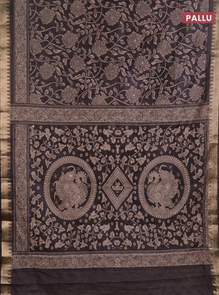 Semi tussar saree greyish brown with allover prints & kantha stitch work and zari woven border