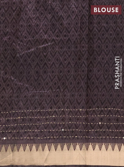 Semi tussar saree greyish brown with allover prints & kantha stitch work and zari woven border