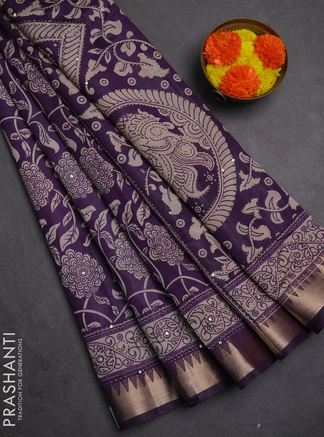 Semi tussar saree purple with allover prints & kantha stitch work and zari woven border
