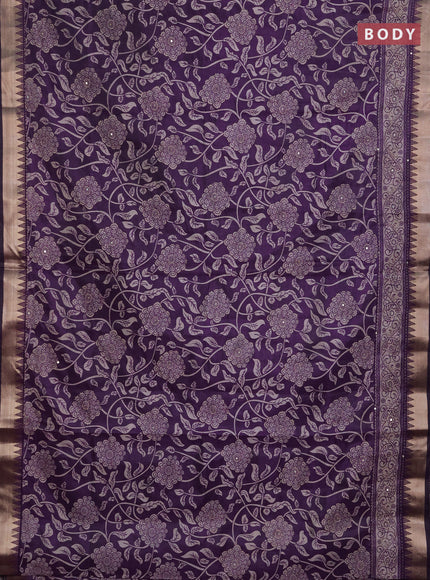 Semi tussar saree purple with allover prints & kantha stitch work and zari woven border