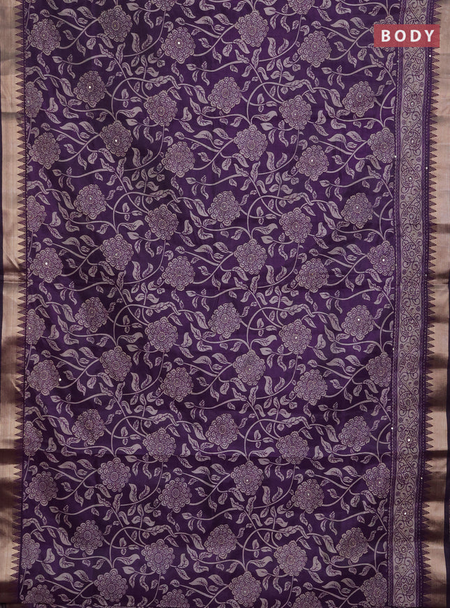 Semi tussar saree purple with allover prints & kantha stitch work and zari woven border