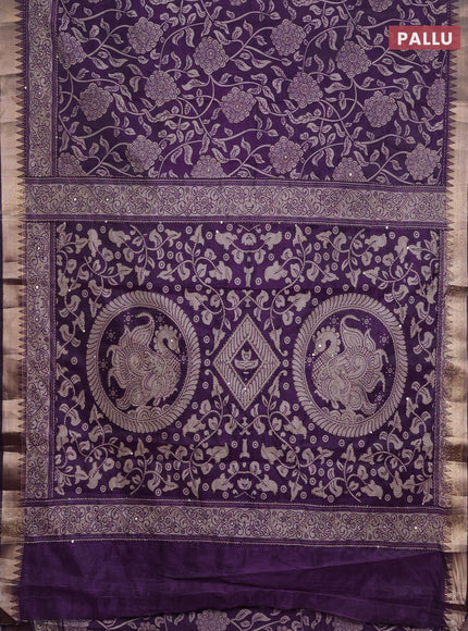 Semi tussar saree purple with allover prints & kantha stitch work and zari woven border