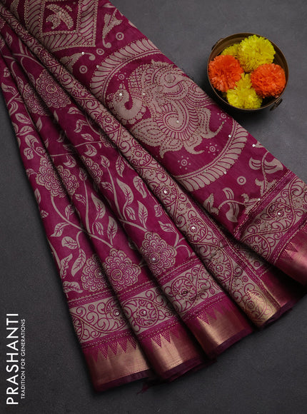 Semi tussar saree black and magenta pink with allover prints & kantha stitch work and zari woven border