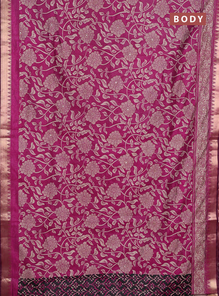 Semi tussar saree black and magenta pink with allover prints & kantha stitch work and zari woven border