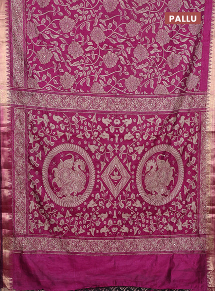 Semi tussar saree black and magenta pink with allover prints & kantha stitch work and zari woven border