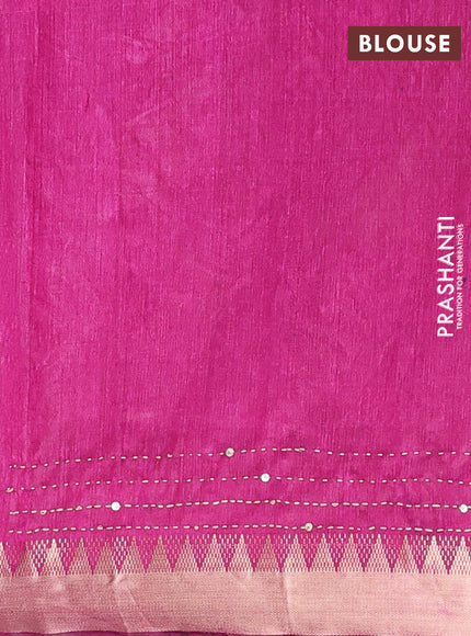 Semi tussar saree black and magenta pink with allover prints & kantha stitch work and zari woven border