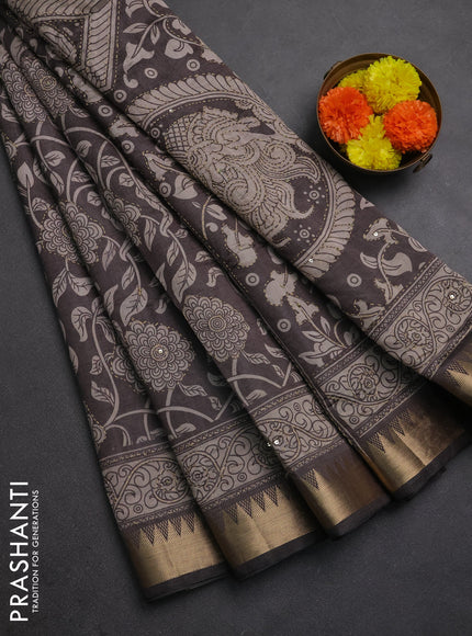 Semi tussar saree grey and beige with allover prints & kantha stitch work and zari woven border