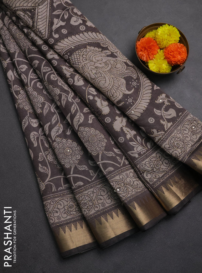 Semi tussar saree grey and beige with allover prints & kantha stitch work and zari woven border