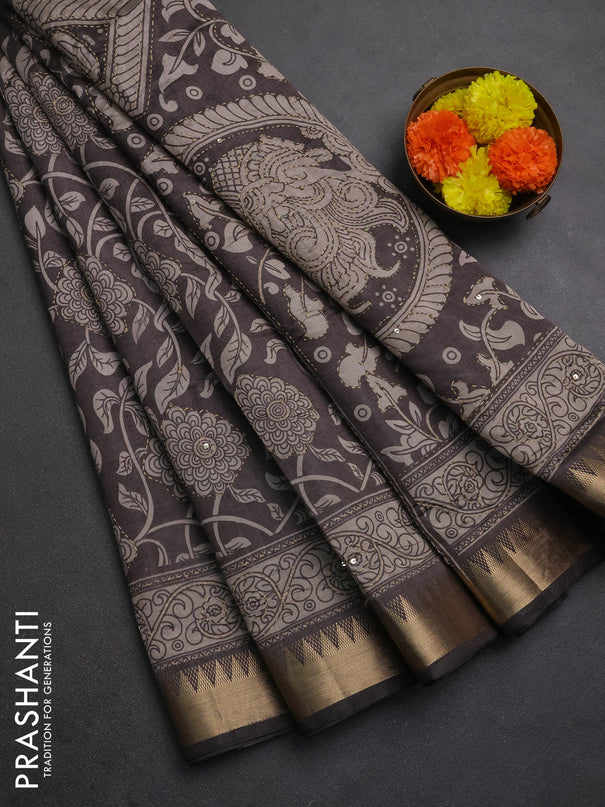 Semi tussar saree grey and beige with allover prints & kantha stitch work and zari woven border