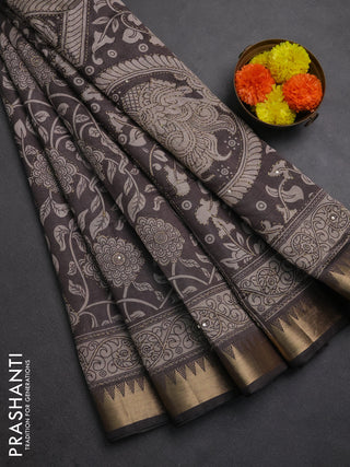 Semi tussar saree grey and beige with allover prints & kantha stitch work and zari woven border