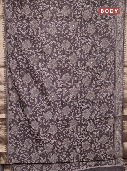 Semi tussar saree grey and beige with allover prints & kantha stitch work and zari woven border