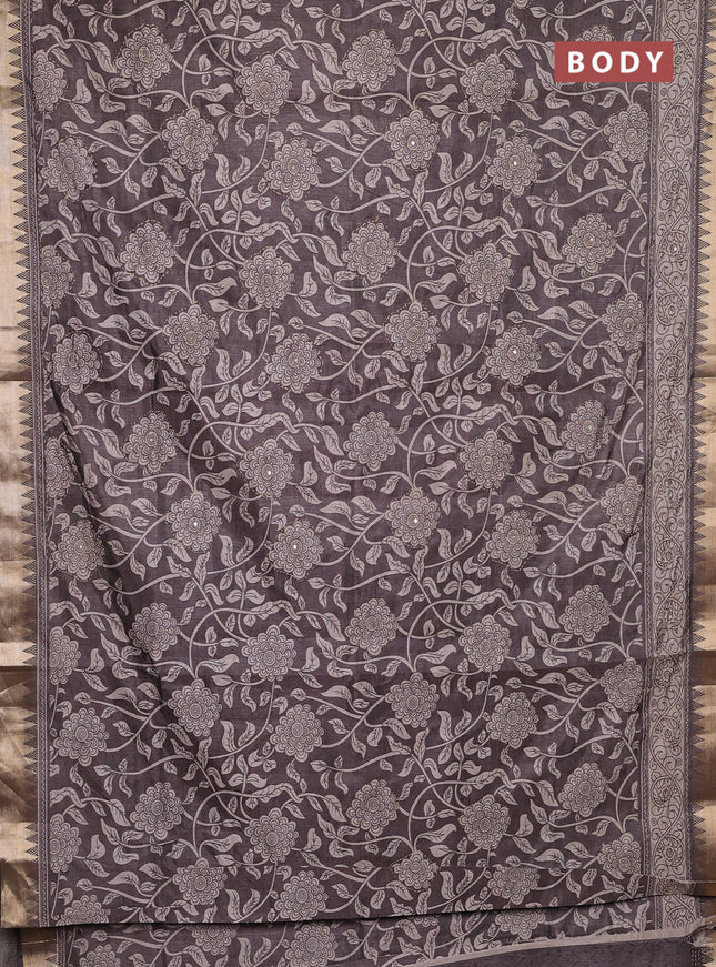 Semi tussar saree grey and beige with allover prints & kantha stitch work and zari woven border