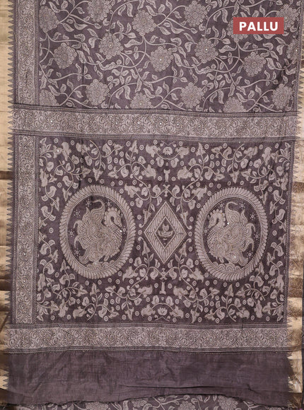 Semi tussar saree grey and beige with allover prints & kantha stitch work and zari woven border