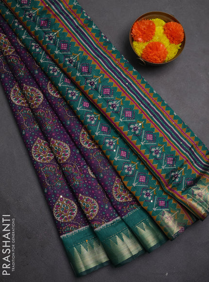 Semi tussar saree purple and teal green with allover prints & kantha stitch work and zari woven border