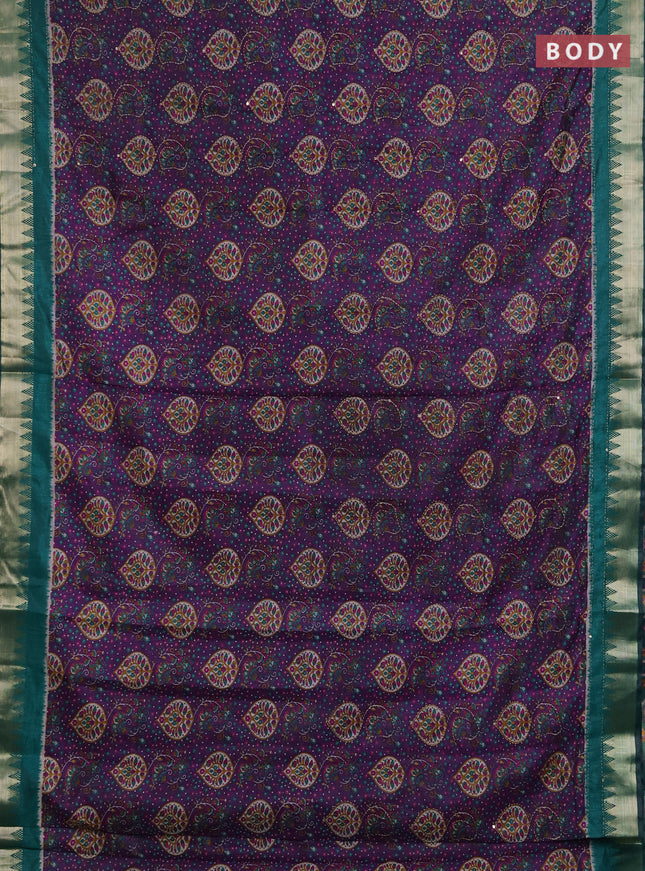 Semi tussar saree purple and teal green with allover prints & kantha stitch work and zari woven border