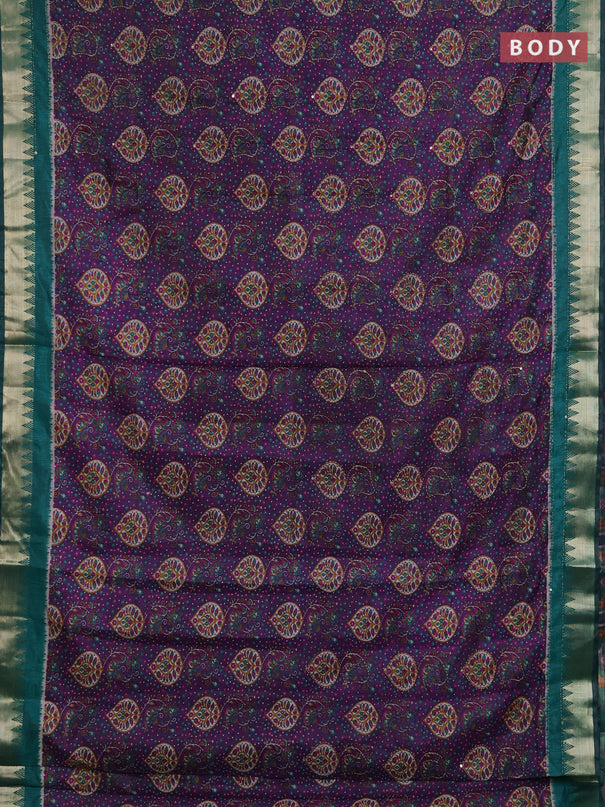 Semi tussar saree purple and teal green with allover prints & kantha stitch work and zari woven border