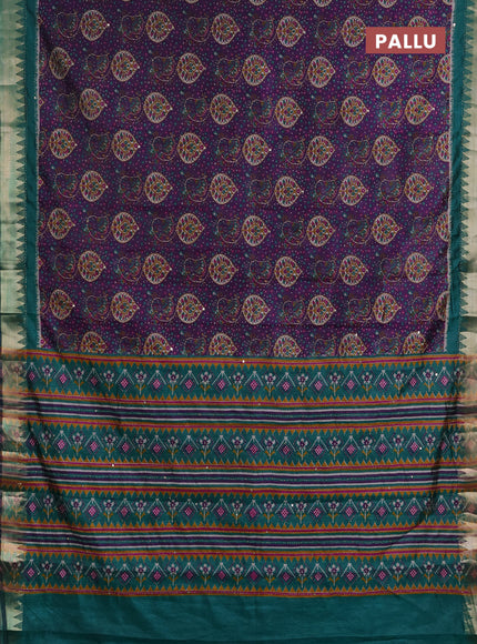 Semi tussar saree purple and teal green with allover prints & kantha stitch work and zari woven border