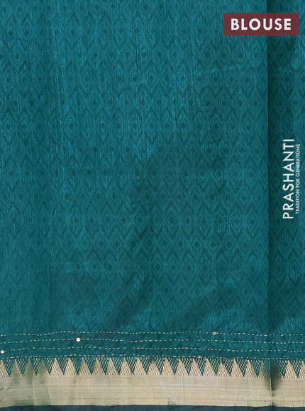 Semi tussar saree purple and teal green with allover prints & kantha stitch work and zari woven border