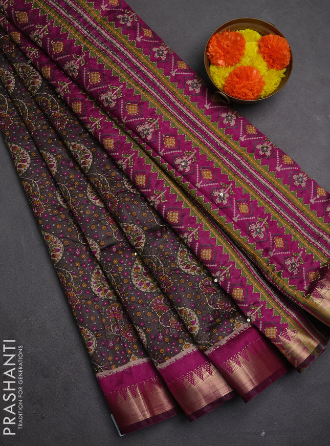 Semi tussar saree greyish brown and purple with allover prints & kantha stitch work and zari woven border