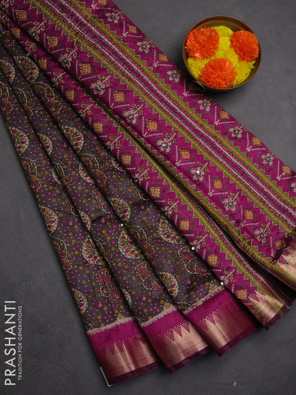 Semi tussar saree greyish brown and purple with allover prints & kantha stitch work and zari woven border