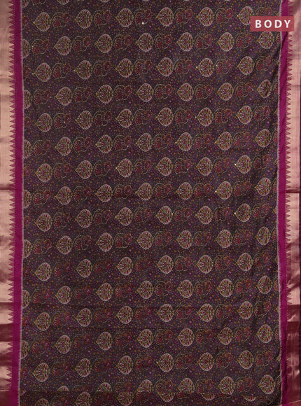 Semi tussar saree greyish brown and purple with allover prints & kantha stitch work and zari woven border