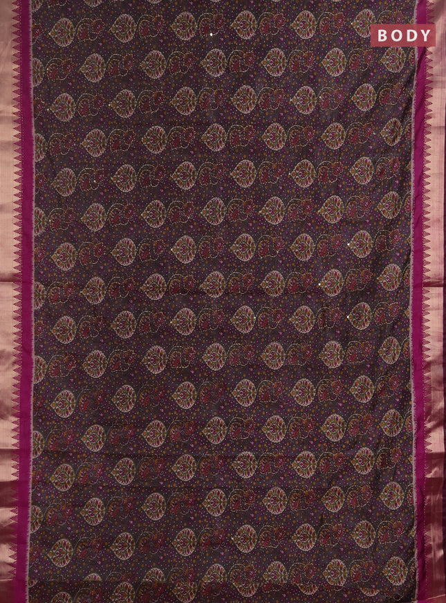 Semi tussar saree greyish brown and purple with allover prints & kantha stitch work and zari woven border
