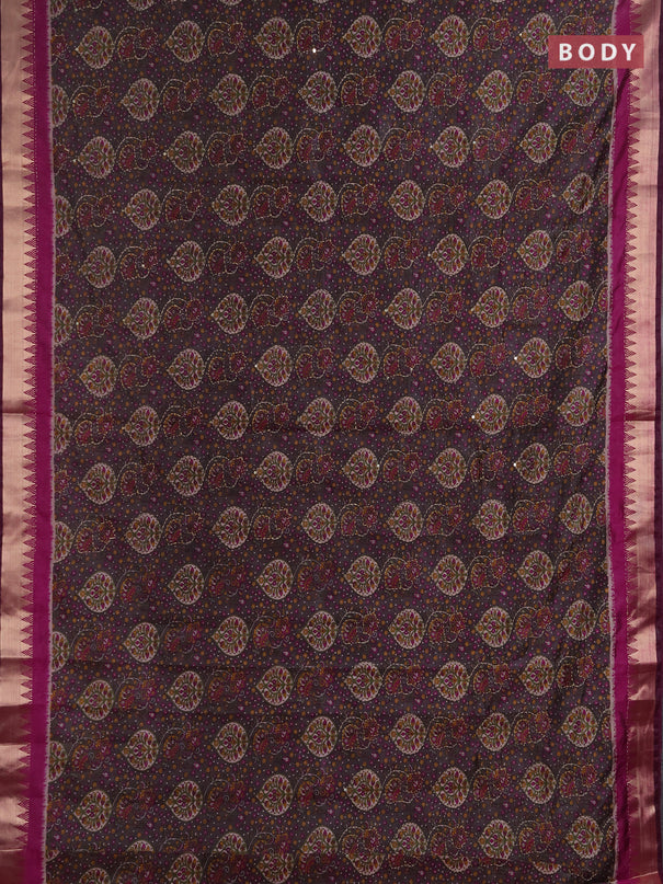 Semi tussar saree greyish brown and purple with allover prints & kantha stitch work and zari woven border