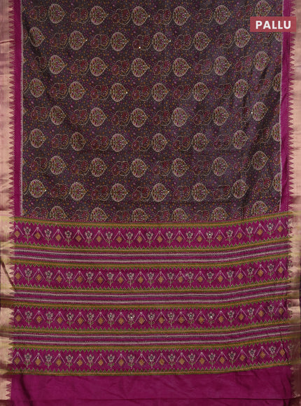 Semi tussar saree greyish brown and purple with allover prints & kantha stitch work and zari woven border