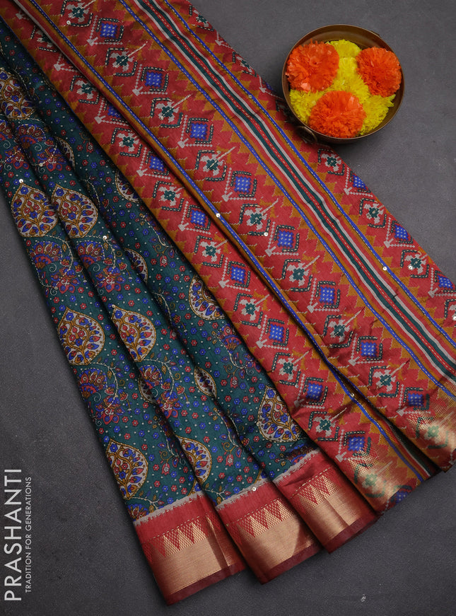 Semi tussar saree peacock green and maroon shade with allover prints & kantha stitch work and zari woven border