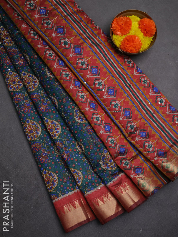 Semi tussar saree peacock green and maroon shade with allover prints & kantha stitch work and zari woven border