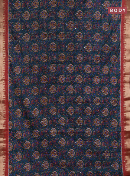 Semi tussar saree peacock green and maroon shade with allover prints & kantha stitch work and zari woven border