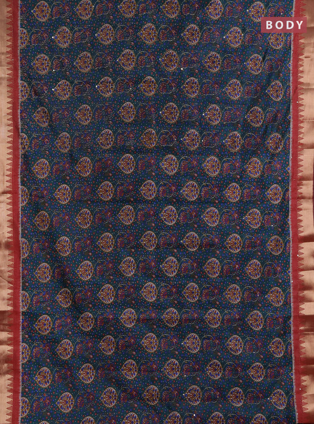 Semi tussar saree peacock green and maroon shade with allover prints & kantha stitch work and zari woven border