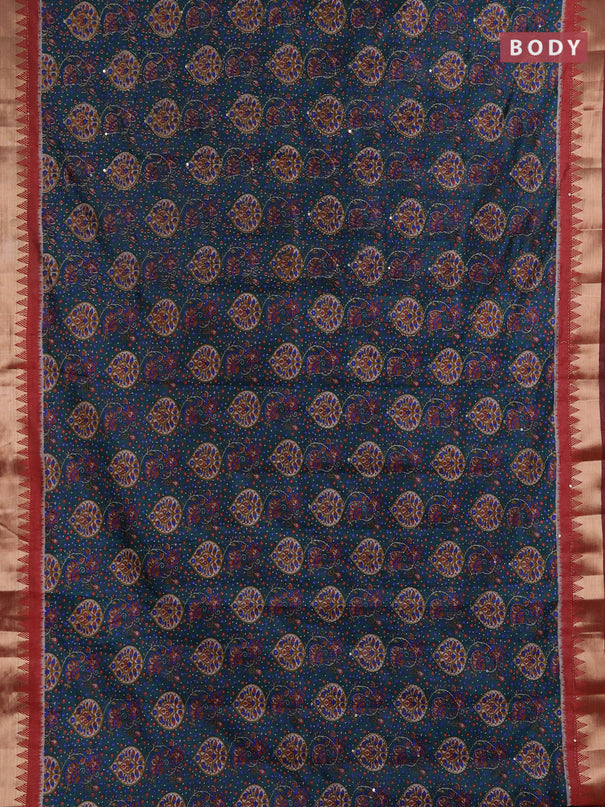 Semi tussar saree peacock green and maroon shade with allover prints & kantha stitch work and zari woven border