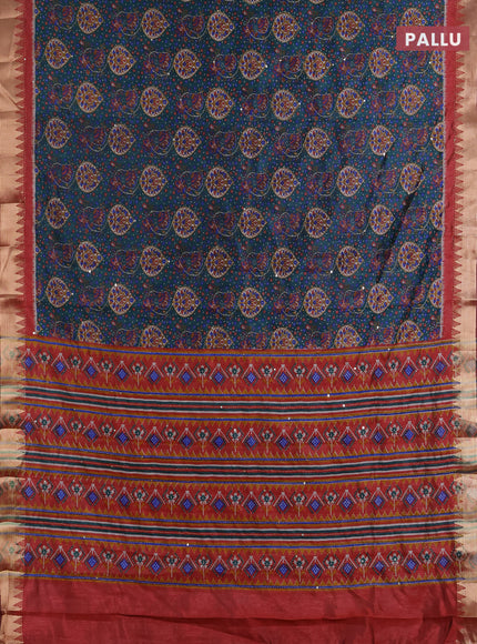 Semi tussar saree peacock green and maroon shade with allover prints & kantha stitch work and zari woven border