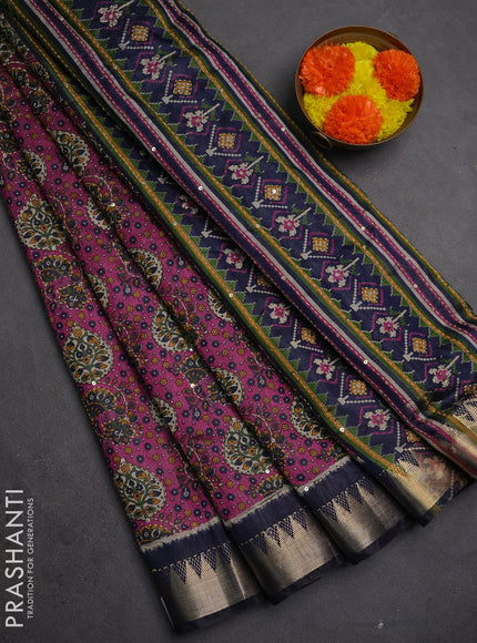 Semi tussar saree magenta pink and navy blue with allover prints & kantha stitch work and zari woven border