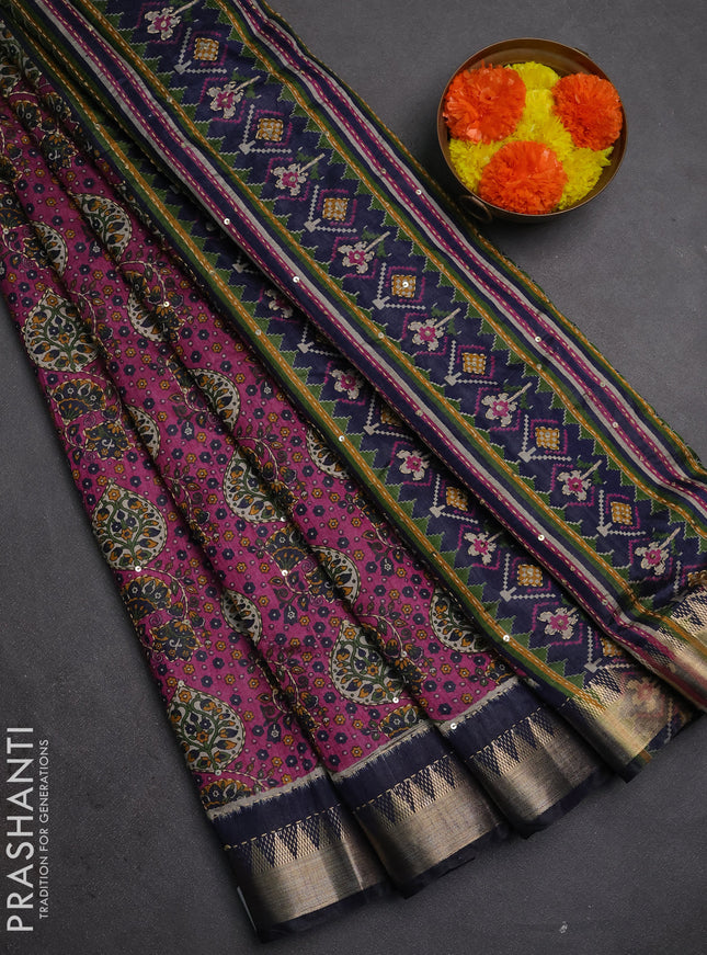 Semi tussar saree magenta pink and navy blue with allover prints & kantha stitch work and zari woven border