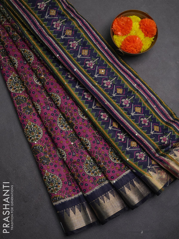 Semi tussar saree magenta pink and navy blue with allover prints & kantha stitch work and zari woven border