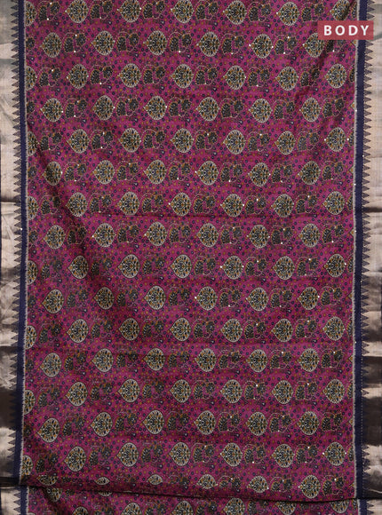 Semi tussar saree magenta pink and navy blue with allover prints & kantha stitch work and zari woven border