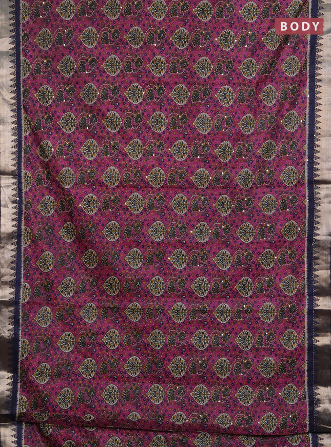 Semi tussar saree magenta pink and navy blue with allover prints & kantha stitch work and zari woven border