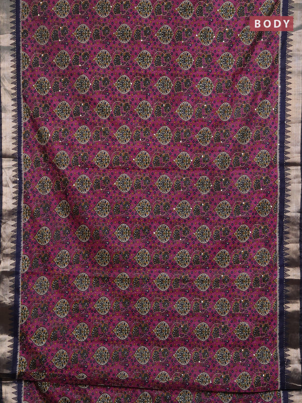 Semi tussar saree magenta pink and navy blue with allover prints & kantha stitch work and zari woven border