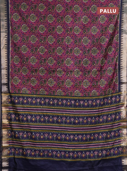 Semi tussar saree magenta pink and navy blue with allover prints & kantha stitch work and zari woven border