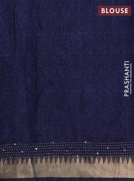 Semi tussar saree magenta pink and navy blue with allover prints & kantha stitch work and zari woven border