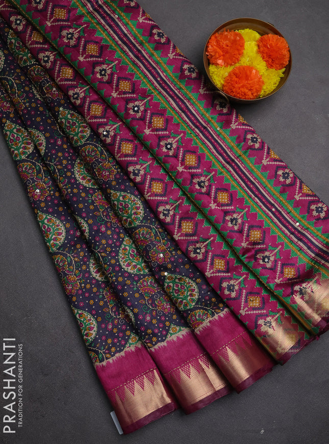 Semi tussar saree dark grey and wine shade with allover prints & kantha stitch work and zari woven border