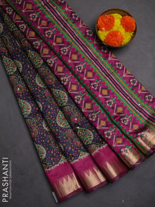 Semi tussar saree dark grey and wine shade with allover prints & kantha stitch work and zari woven border