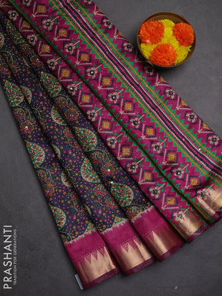 Semi tussar saree dark grey and wine shade with allover prints & kantha stitch work and zari woven border